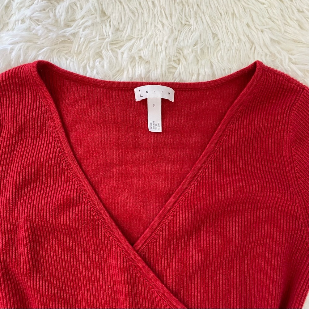 Leith Red Ribbed V neck long sleeve wrap top - Picture 9 of 14